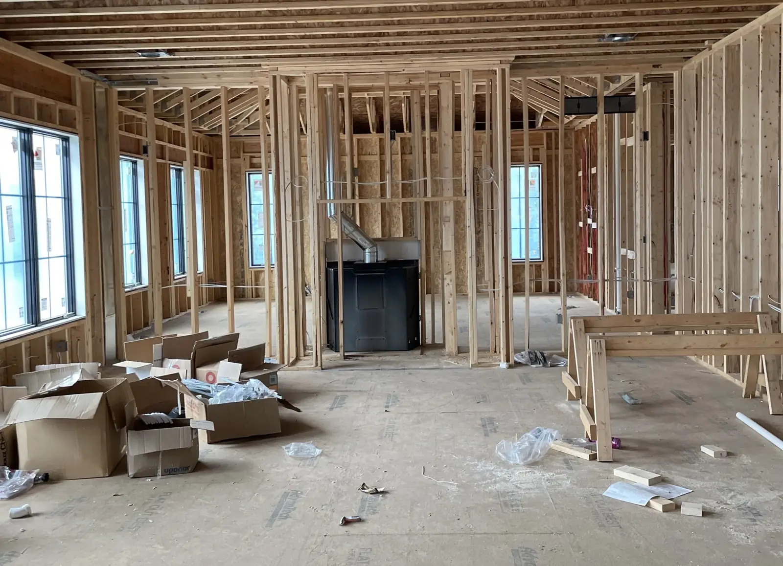 The living room before — framing and subfloor