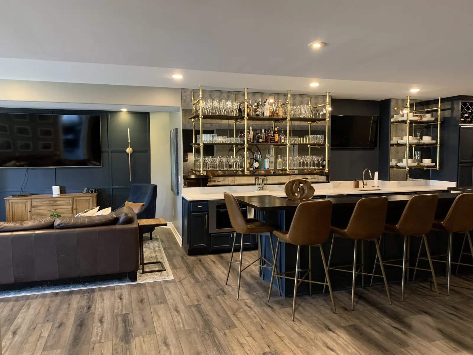 The bar straight on, with the TV wall to the left