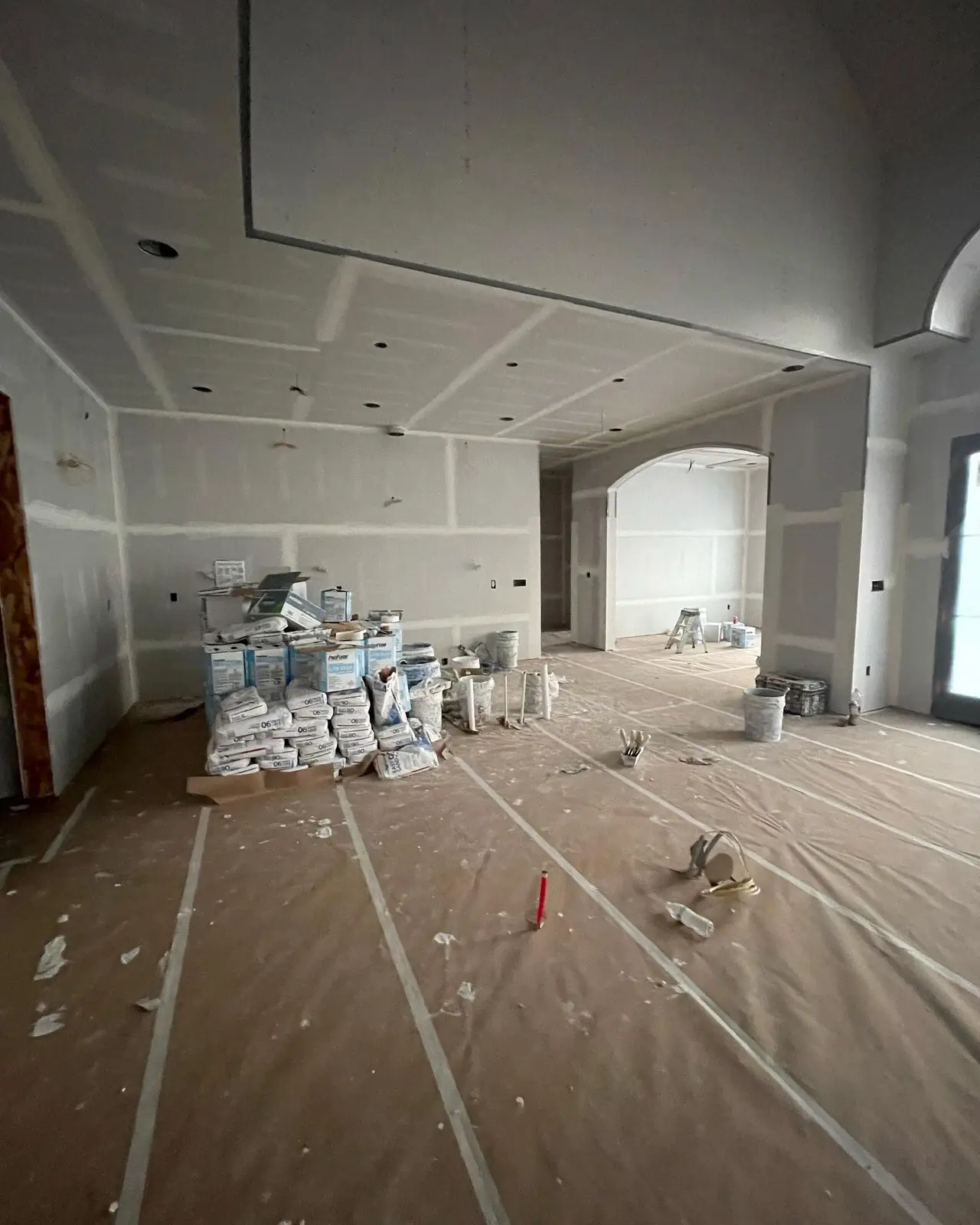 Kitchen and dining at the drywall stage