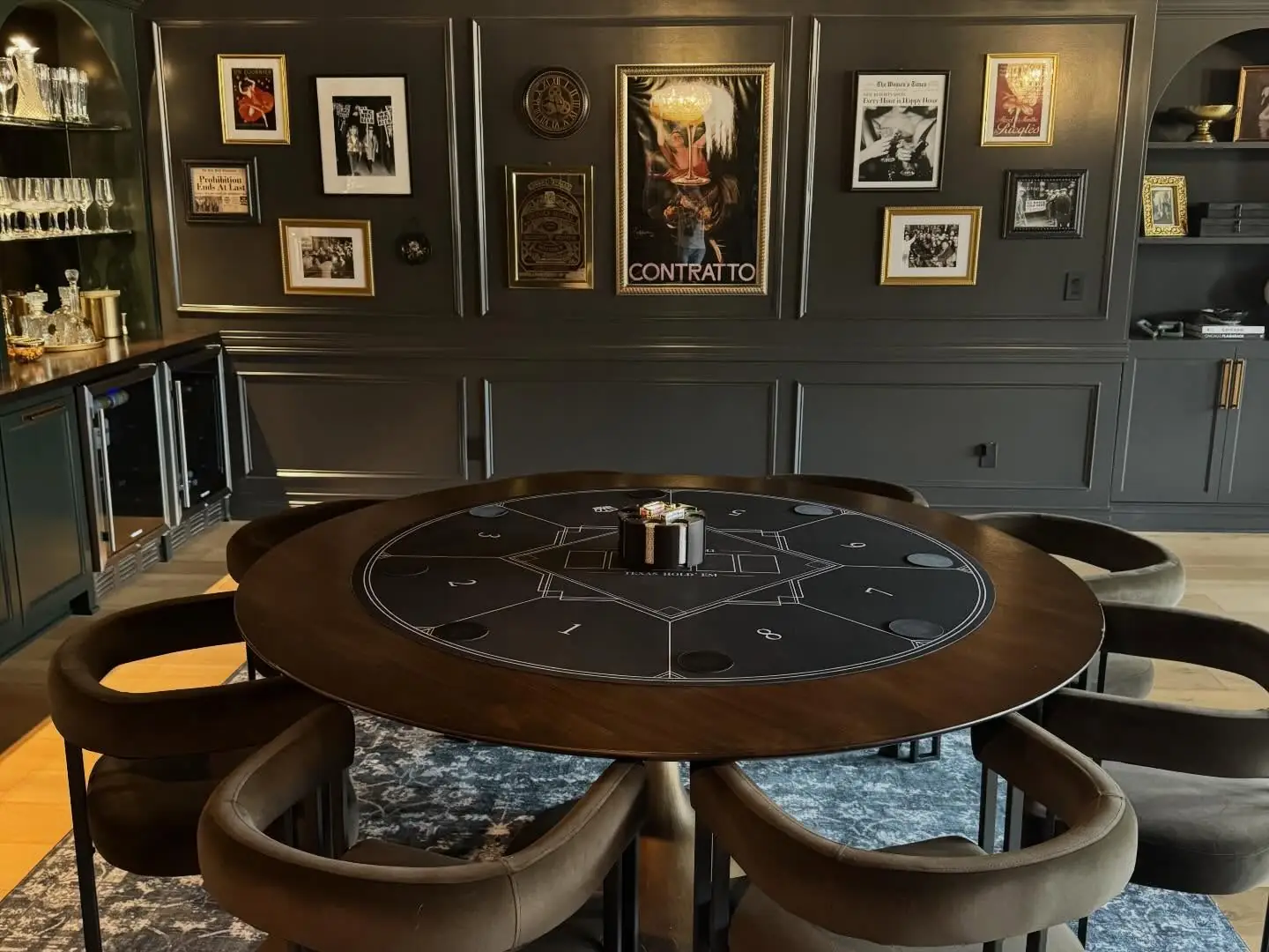 Round marble table in the speakeasy — The Speakeasy Residence